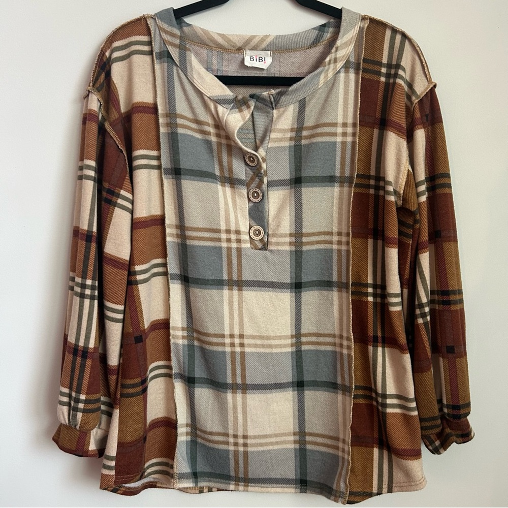 BiBi Britta Brown and Blue Plaid Button Top Size Small - Picture 4 of 7